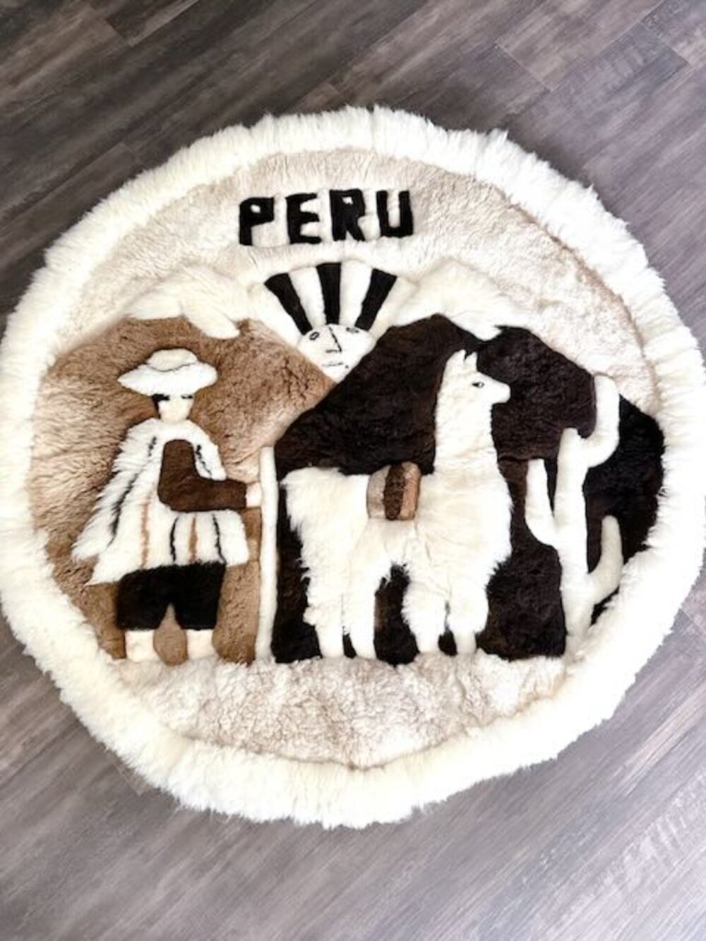 VINTAGE HAND-STITCHED PERUVIAN RUG LLAMA ALPACA FUR ANDEAN LANDSCAPE 56"